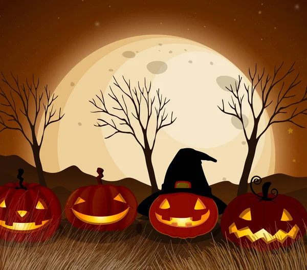 Halloween Pompoen Bij Vollemaan Nacht Illustratie — Stockvector