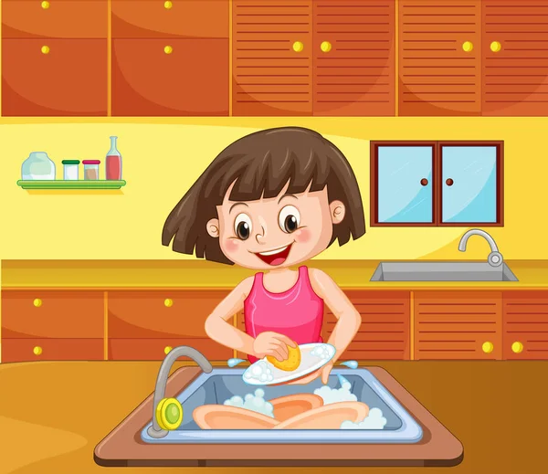 厨房插图的女孩清洁碟 — 图库矢量图片