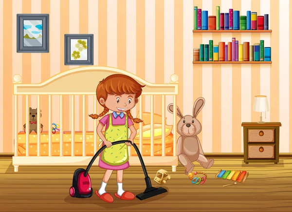 Μια Εικονογράφηση Μητέρα Καθαρισμού Υπνοδωμάτιο Ιδανικά Για Παιδιά — Διανυσματικό Αρχείο