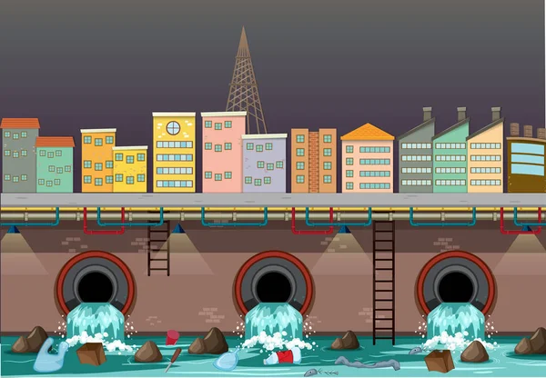 Verschmutzung Des Wassers Aus Dem Stadtabfluss Illustration — Stockvektor