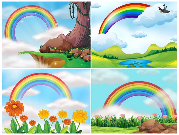 Set Mountain Landscape Rainbow Illustration — Stock Vector