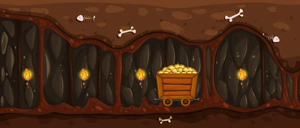 Underground Mine Gold Cart Illustration — Stock Vector