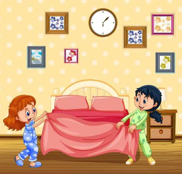 Barn Att Göra Sängen Morgon Illustration — Stock vektor