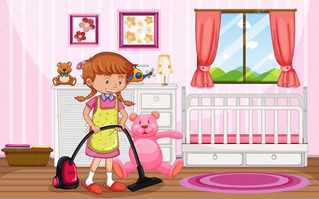 A Mother Cleaning Kid Bedroom illustration