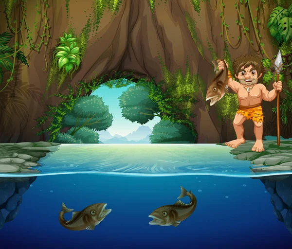 Caveman Catching Big Fish Illustration — Stock Vector