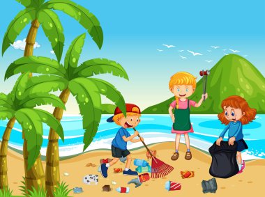Bir grup gönüllü çocuklar temizlik Beach of illüstrasyon