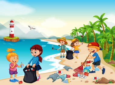 Gönüllü çocuklar Temizleme Beach illüstrasyon
