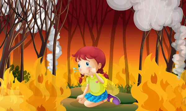 Une Fille Pleure Dans Une Forêt Feu Forêt Illustration — Image vectorielle