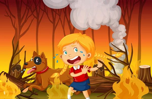 Une Fille Pleure Dans Forêt Feu Forêt Illustration — Image vectorielle