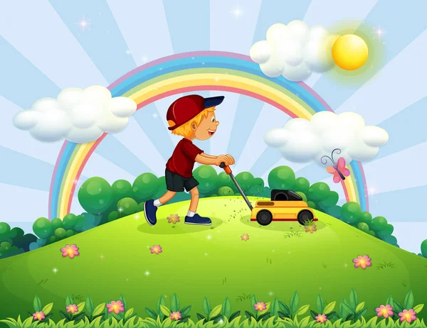Boy Pushing Lawn Mower Garden Illustration — Stock Vector