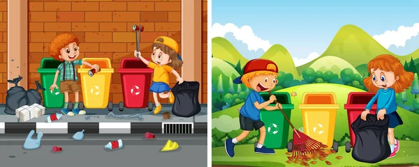 Set Children Cleaning Public Area Illustration — Stock Vector