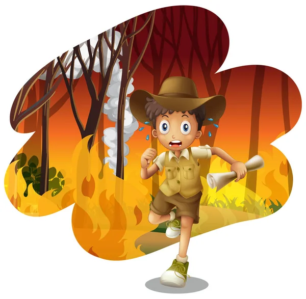 Forest Explorer Running Wildfire Illustration — Stock Vector