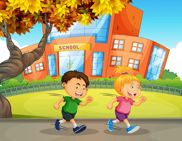 Children Running Front School Illustration — Stock Vector