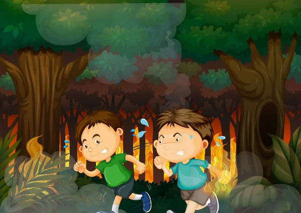 Αγόρια Τρέχει Μακριά Από Την Εικονογράφηση Δασικών Πυρκαγιών — Διανυσματικό Αρχείο