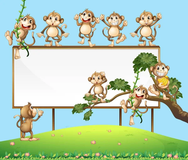 Blank Sign Board Playful Monkey Illustration — Stock Vector