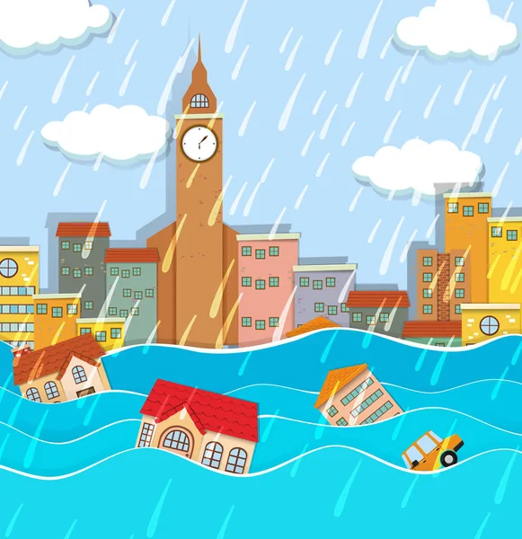 Uma Inundação Ilustração Cidade Grande — Vetor de Stock