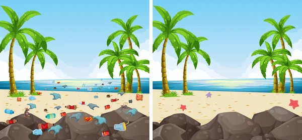 Contaminación Escena Playa Ilustración Limpia — Archivo Imágenes Vectoriales