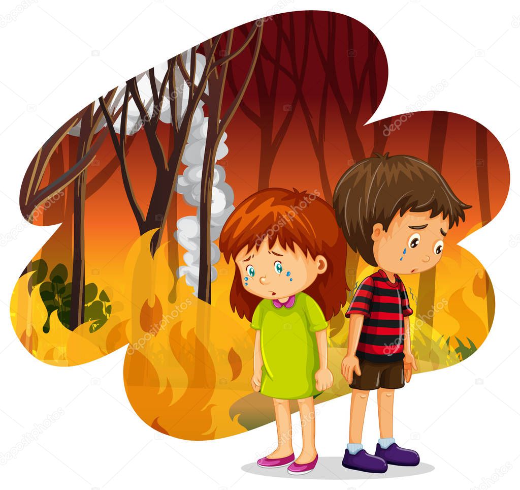 Children Crying at Forest Wildfire Disaster illustration