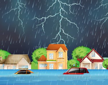 extreme flood in suburban streets illustration clipart