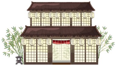 oriental building with lanterns and bamboo illustration clipart