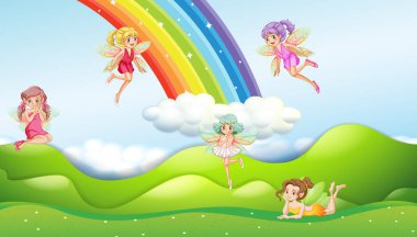 Fairies with rainbow scene illustration clipart