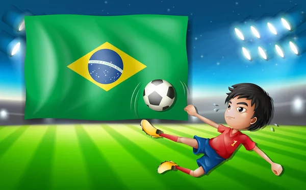 Giocatore Calcio Ragazzo Davanti Alla Bandiera Brasiliana Illustrazione — Vettoriale Stock