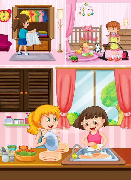 Niños Limpiando Ilustración Casa — Vector de stock