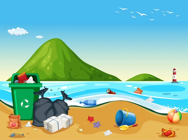 Sporco Inquinato Spiaggia Scena Illustrazione — Vettoriale Stock