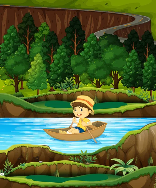 男孩在划船小船在小河例证 — 图库矢量图片
