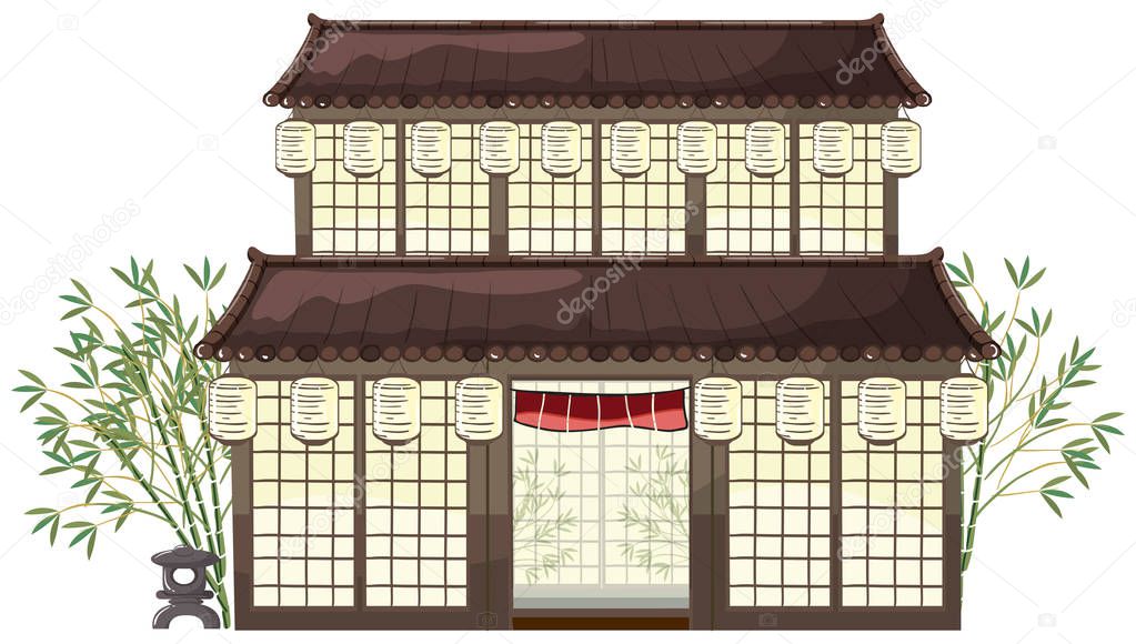 oriental building with lanterns and bamboo illustration