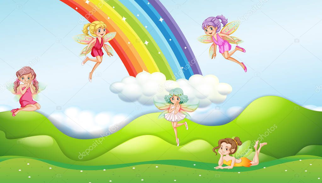 Fairies with rainbow scene illustration