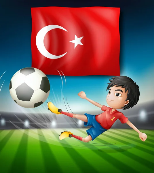 Jongen Schoppen Een Infront Van Turkse Vlag Illustratie Voetbal — Stockvector