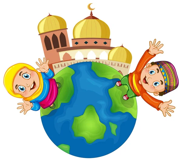 モスクの図でイスラム教徒の子供たち — ストックベクタ
