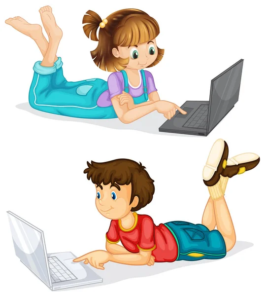 Kinderen Met Behulp Van Laptop Witte Achtergrond Afbeelding — Stockvector
