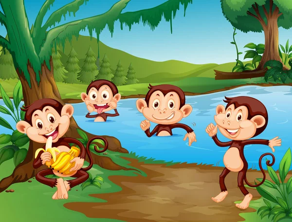 Μαϊμού Παίζει Στο Λίμνη Απεικόνιση — Διανυσματικό Αρχείο