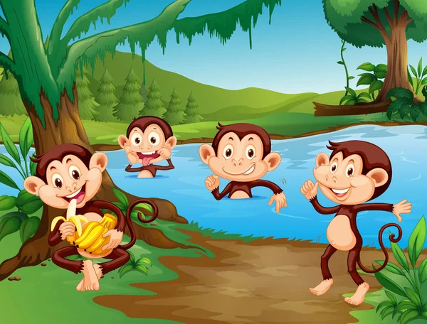 Monkey Playing Lake Illustration — Stock Vector