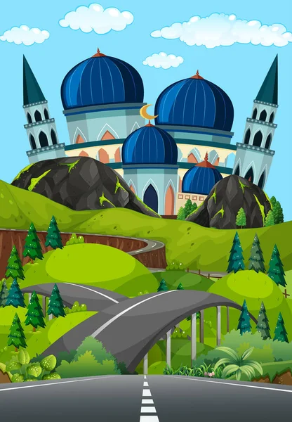 Road Beautiful Mosque Illustration — Stock Vector