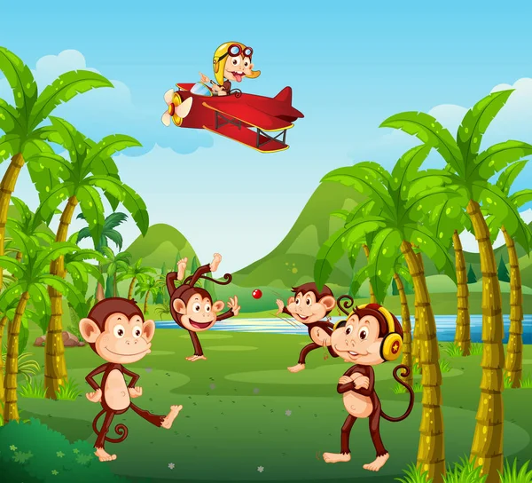 Μια Ομάδα Μαϊμού Στην Ζούγκλα Απεικόνιση — Διανυσματικό Αρχείο