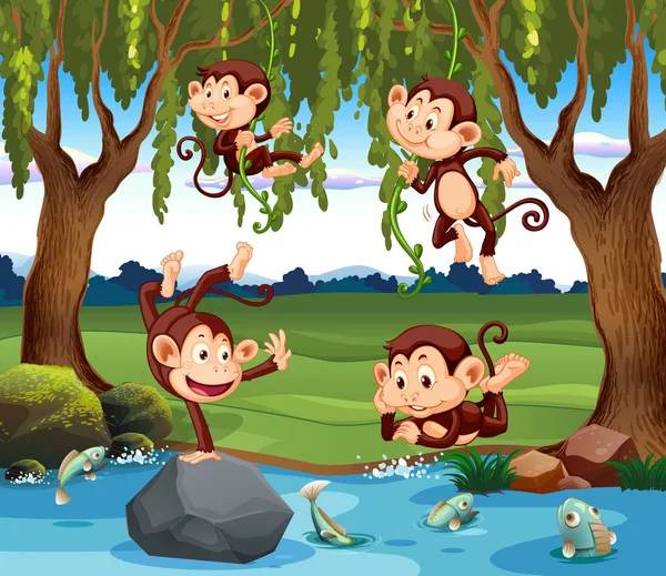 Skupina Monkey Přírodě Ilustrace — Stockový vektor