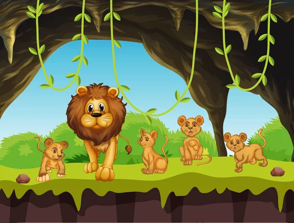 Lion Family Nature Illustration — Stock Vector