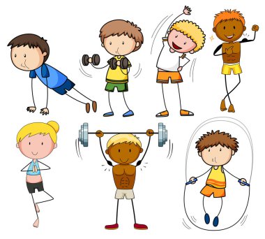 Doodle çocuklar bir dizi egzersiz illüstrasyon