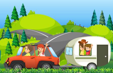Road trip illüstrasyon bir aile