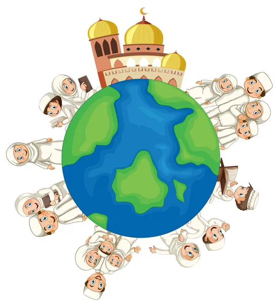 Peuple Musulman Sur Illustration Globe — Image vectorielle
