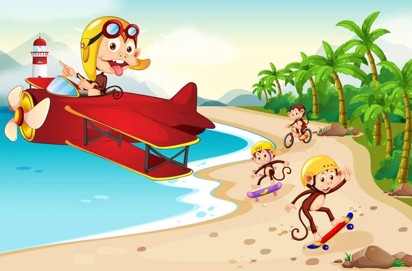 Playful Monkey Beach Illustration — Stock Vector