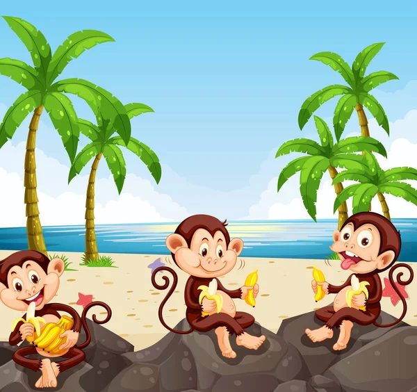 猴子吃香蕉在海滩例证 — 图库矢量图片