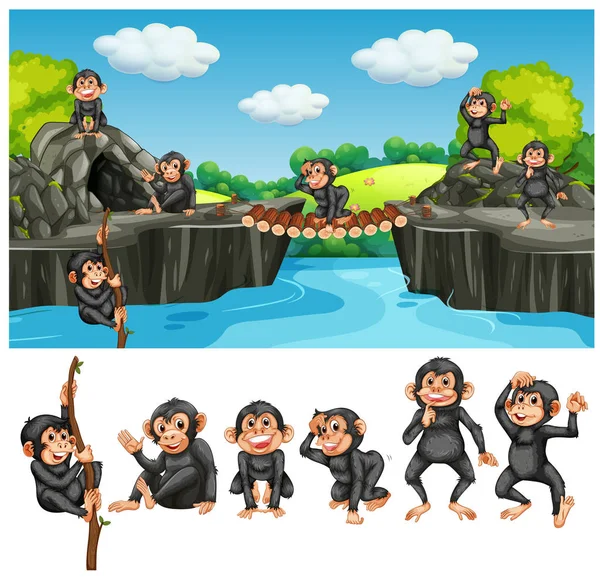 Bambino Scimmia Grotta Illustrazione — Vettoriale Stock