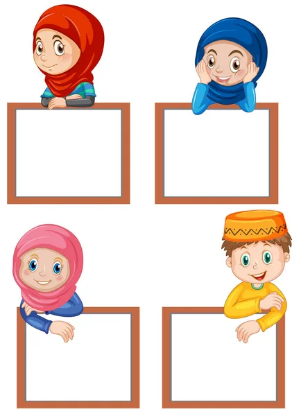 Set Muslim Children Blank Board Illustration — Stock Vector