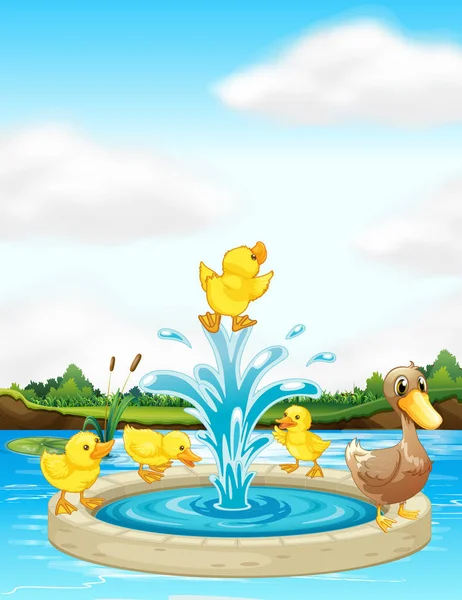 Duck Family Fountain Illustration — Stock Vector