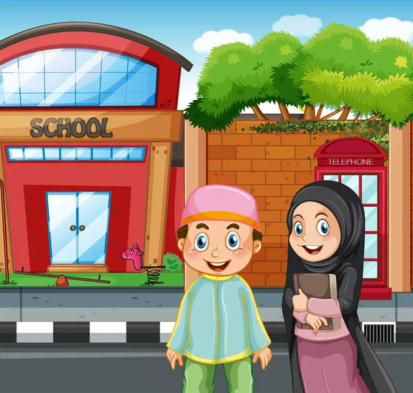 Studentów Muzułmańskich Naprzeciwko Szkoły Ilustracji — Wektor stockowy