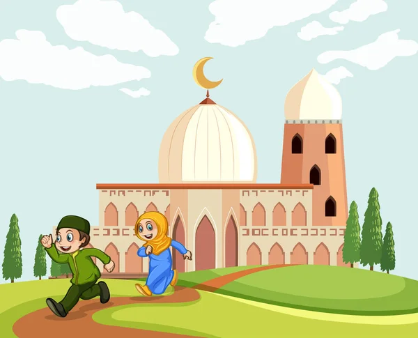 モスクの図を残してイスラム教徒の子供たち — ストックベクタ